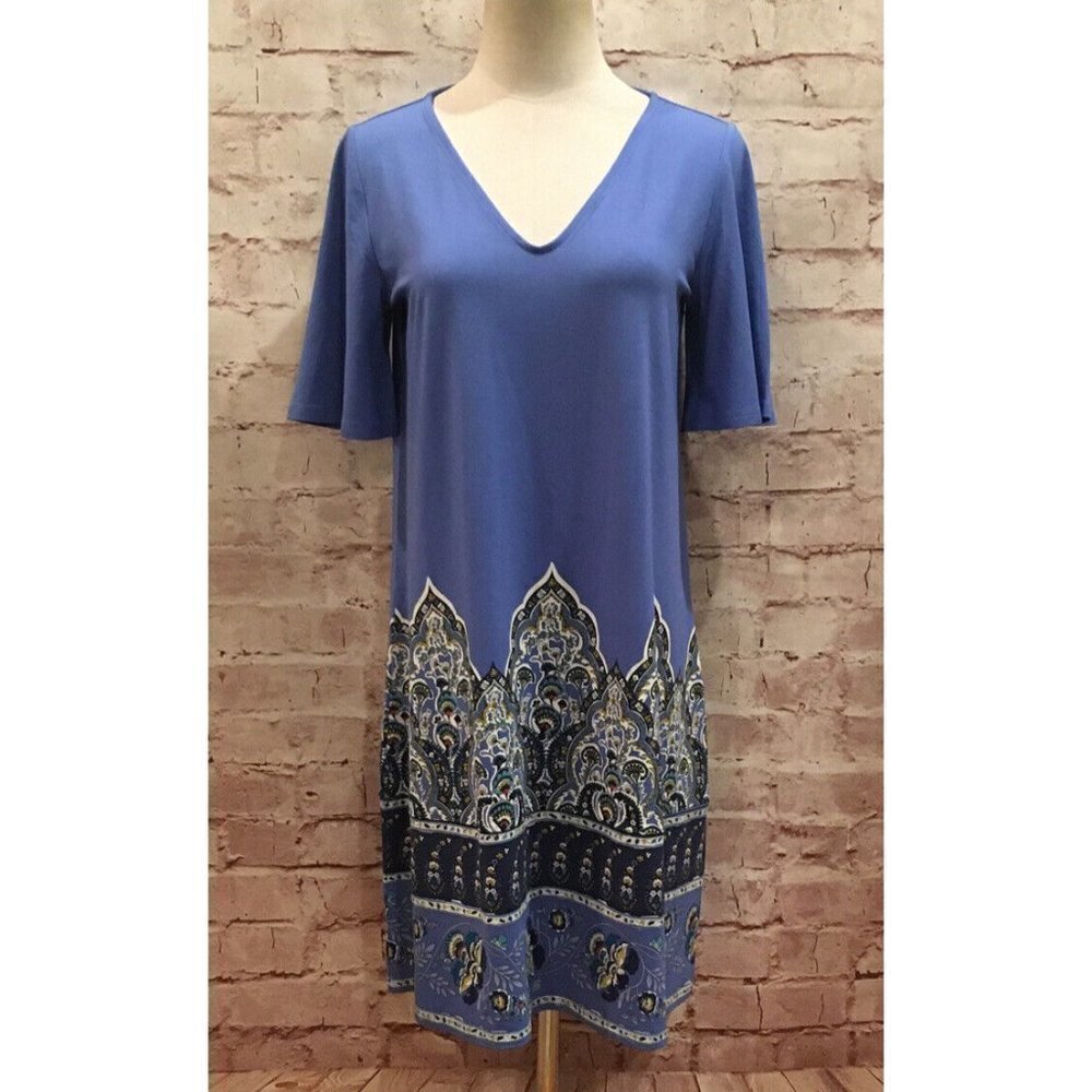 J Jill Petites Wearever Collection Dress A Line V Neck Blue Paisley Knit Size PS